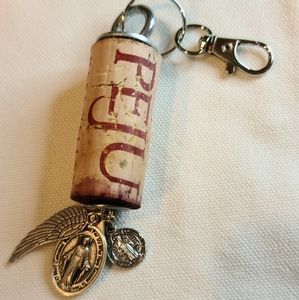 Wine Cork Key Chain- Catholic & Angel Wing Charms - Upcycled Wine Cork